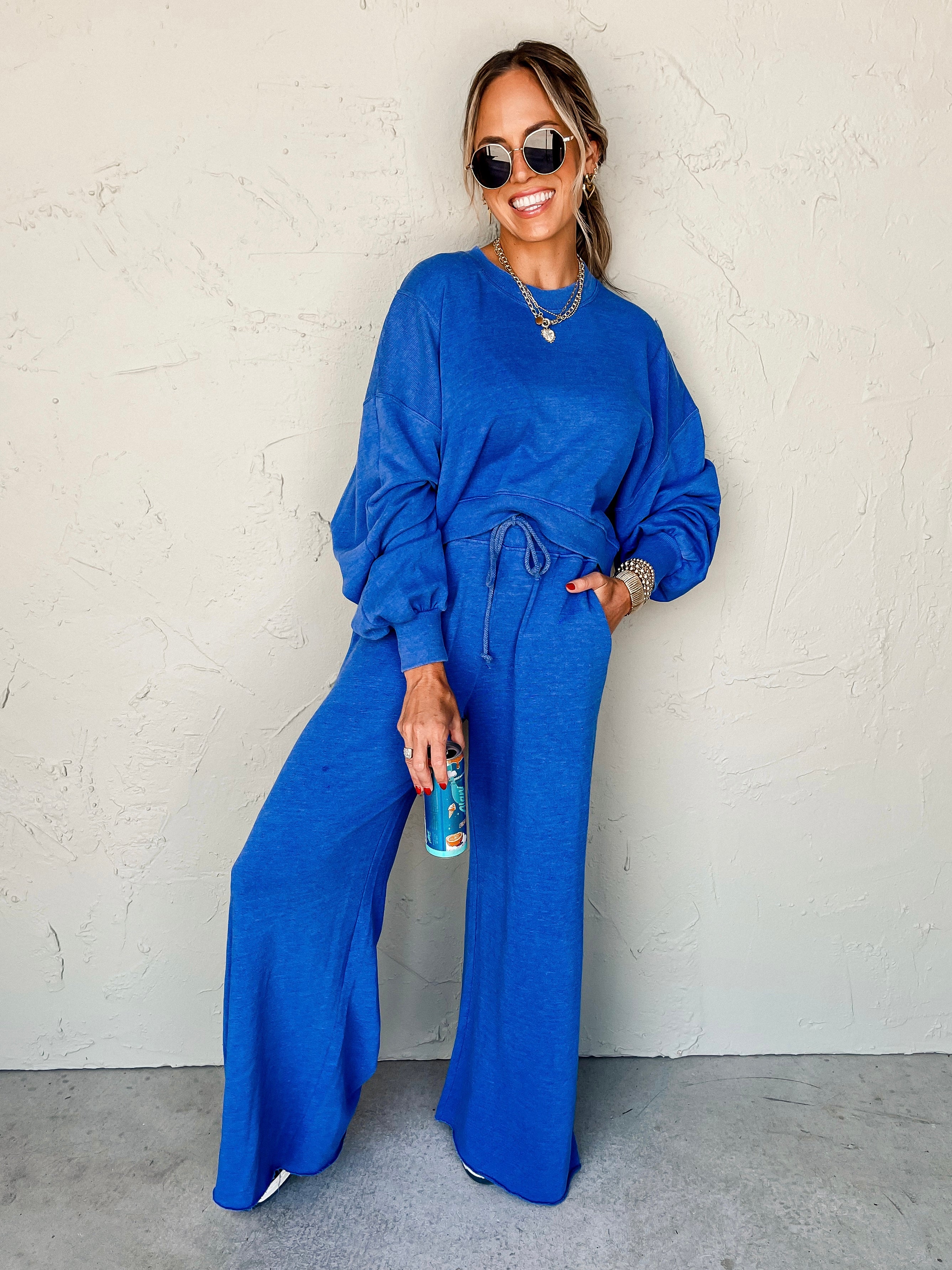 House Party Wide Leg Sweatpants-Royal Blue