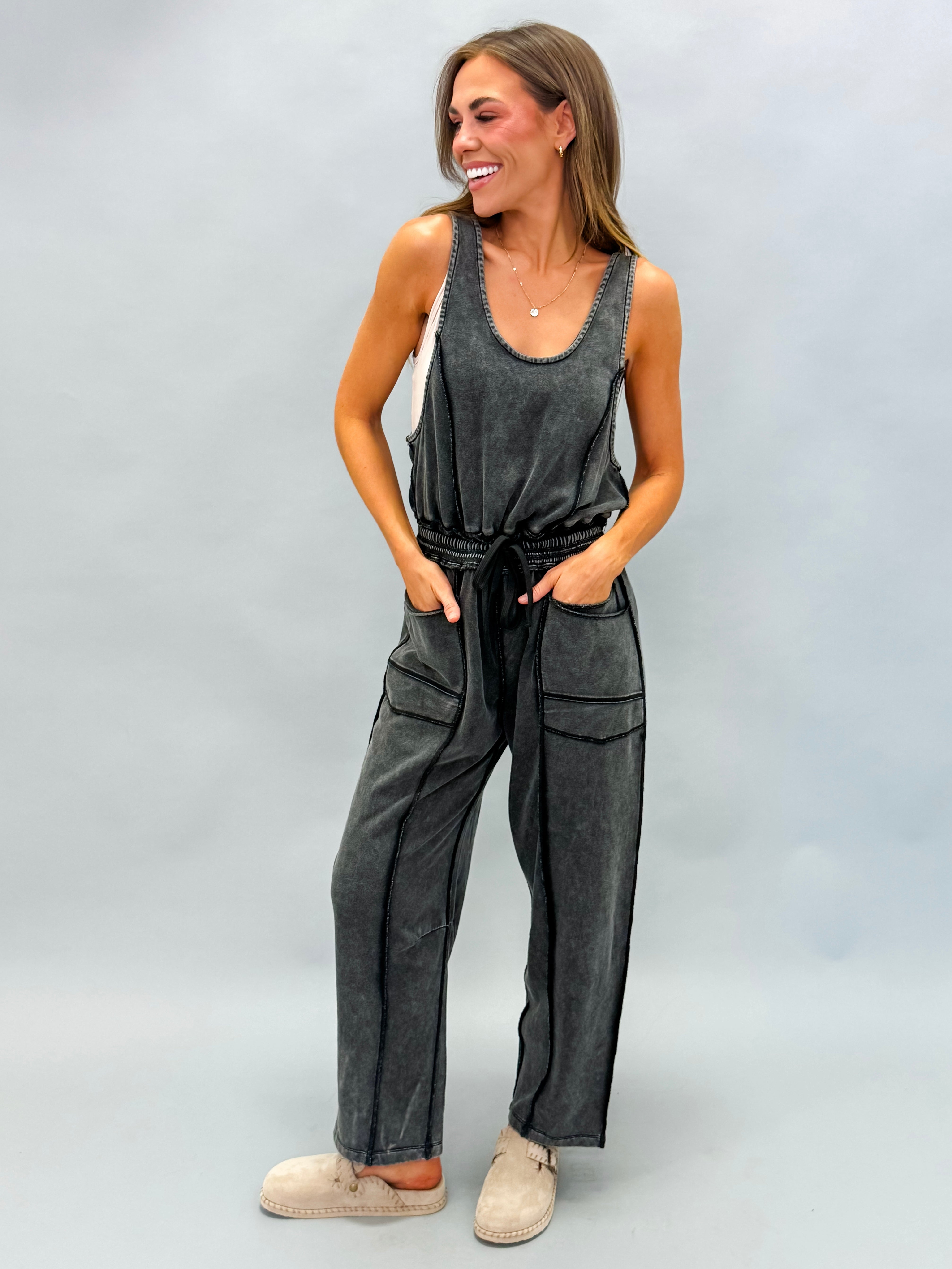 Willa Mineral Wash Barrel Utility Jumpsuit-Black