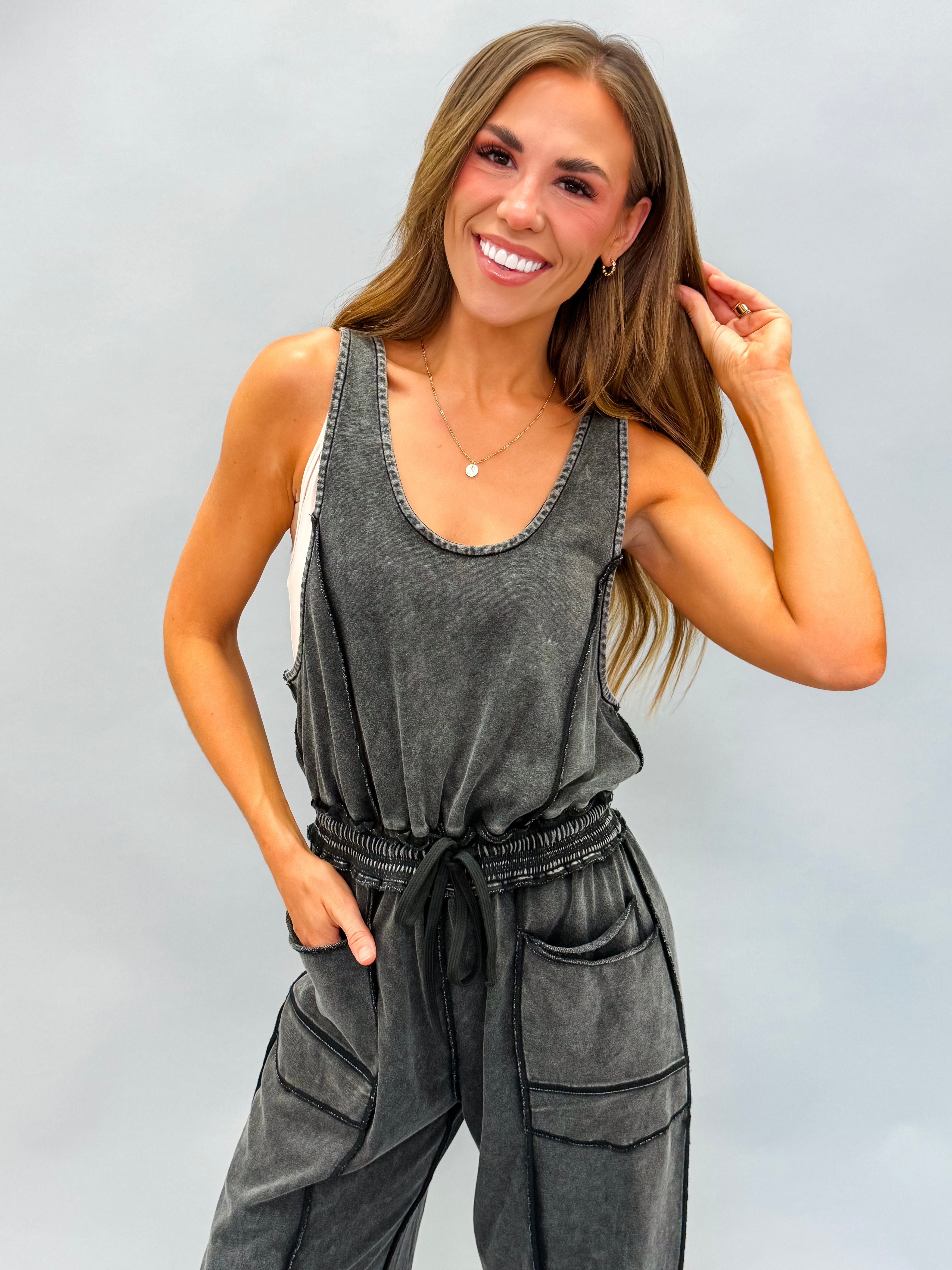 Willa Mineral Wash Barrel Utility Jumpsuit-Black