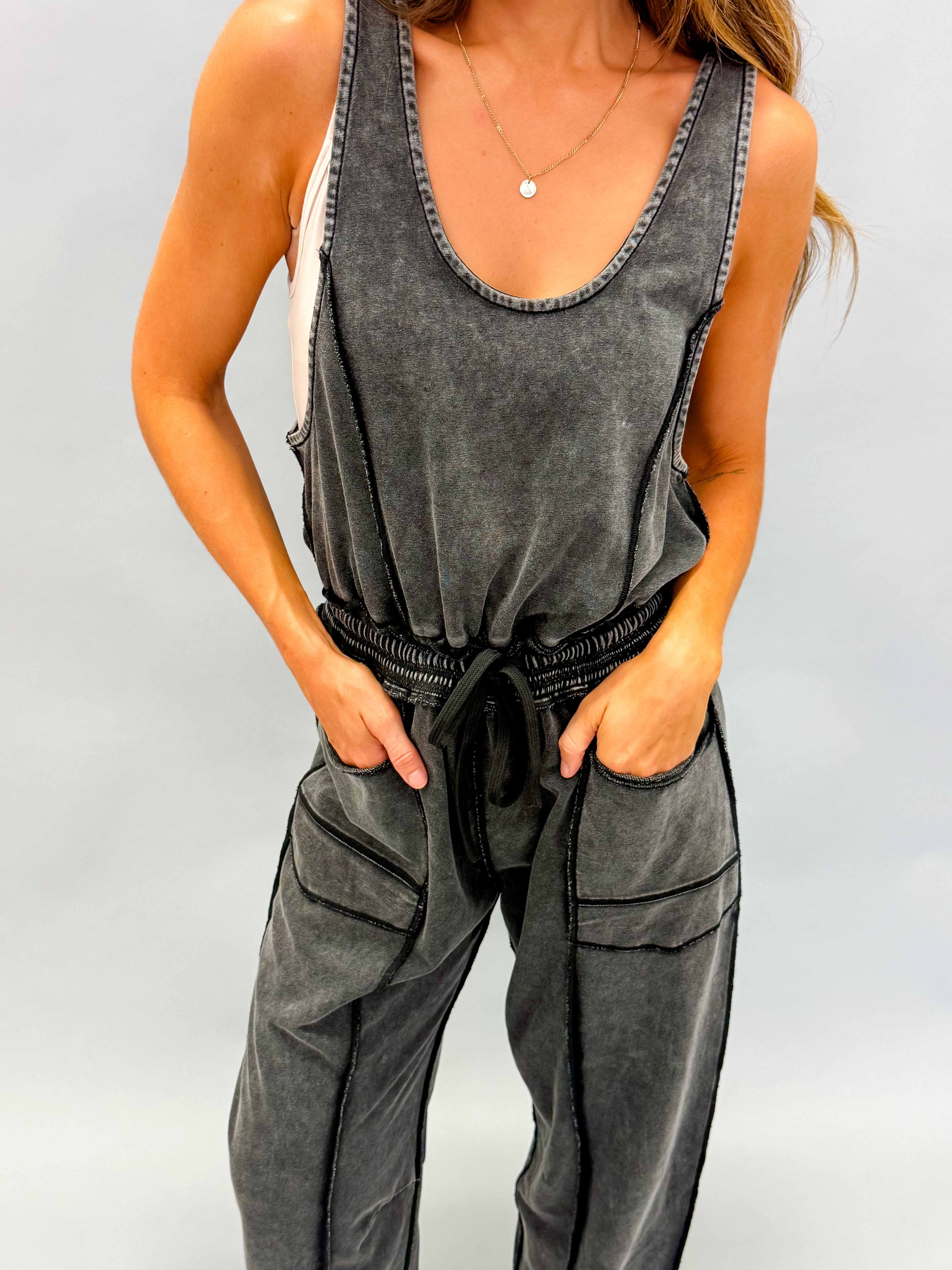 Willa Mineral Wash Barrel Utility Jumpsuit-Black