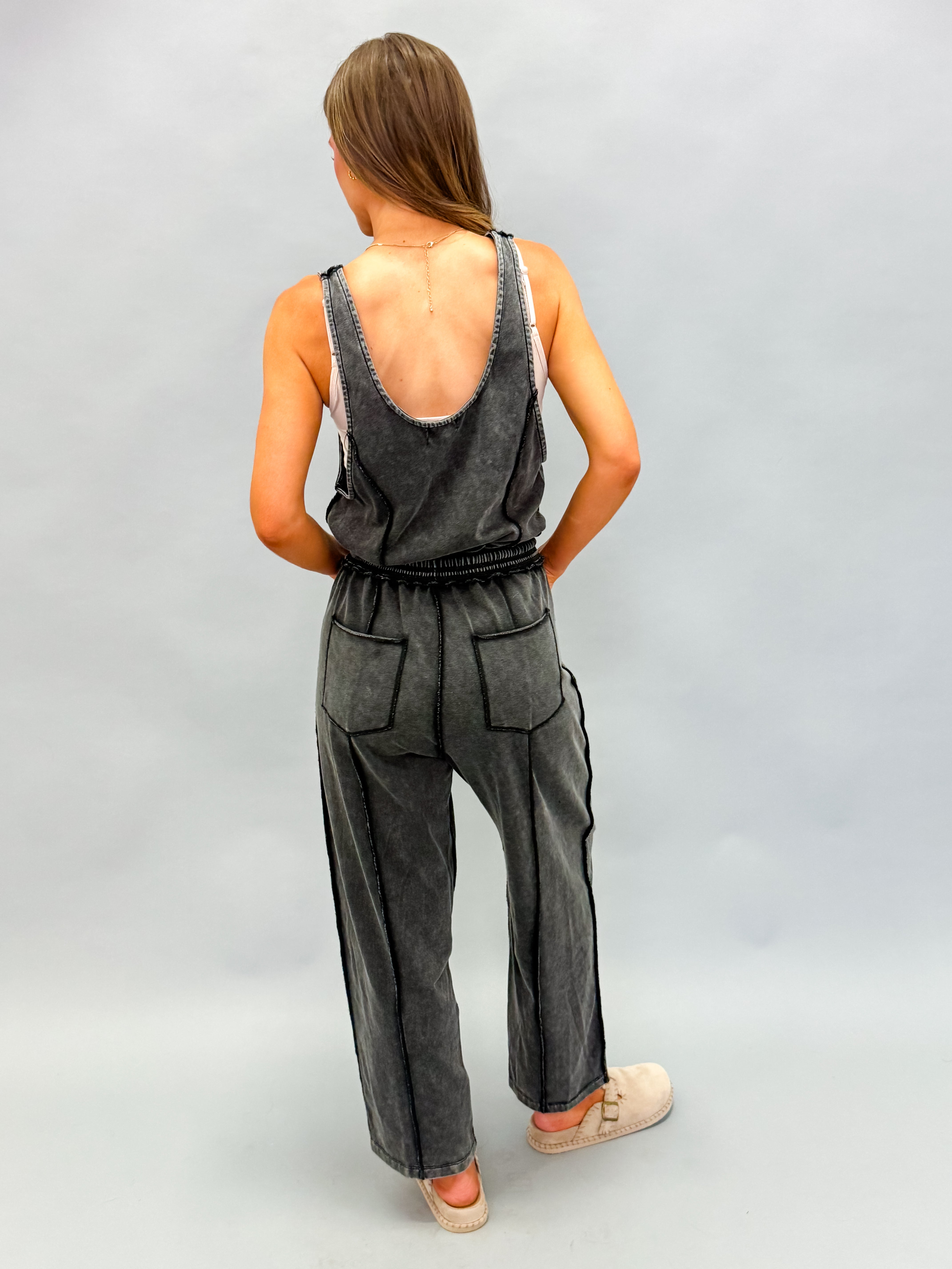 Willa Mineral Wash Barrel Utility Jumpsuit-Black