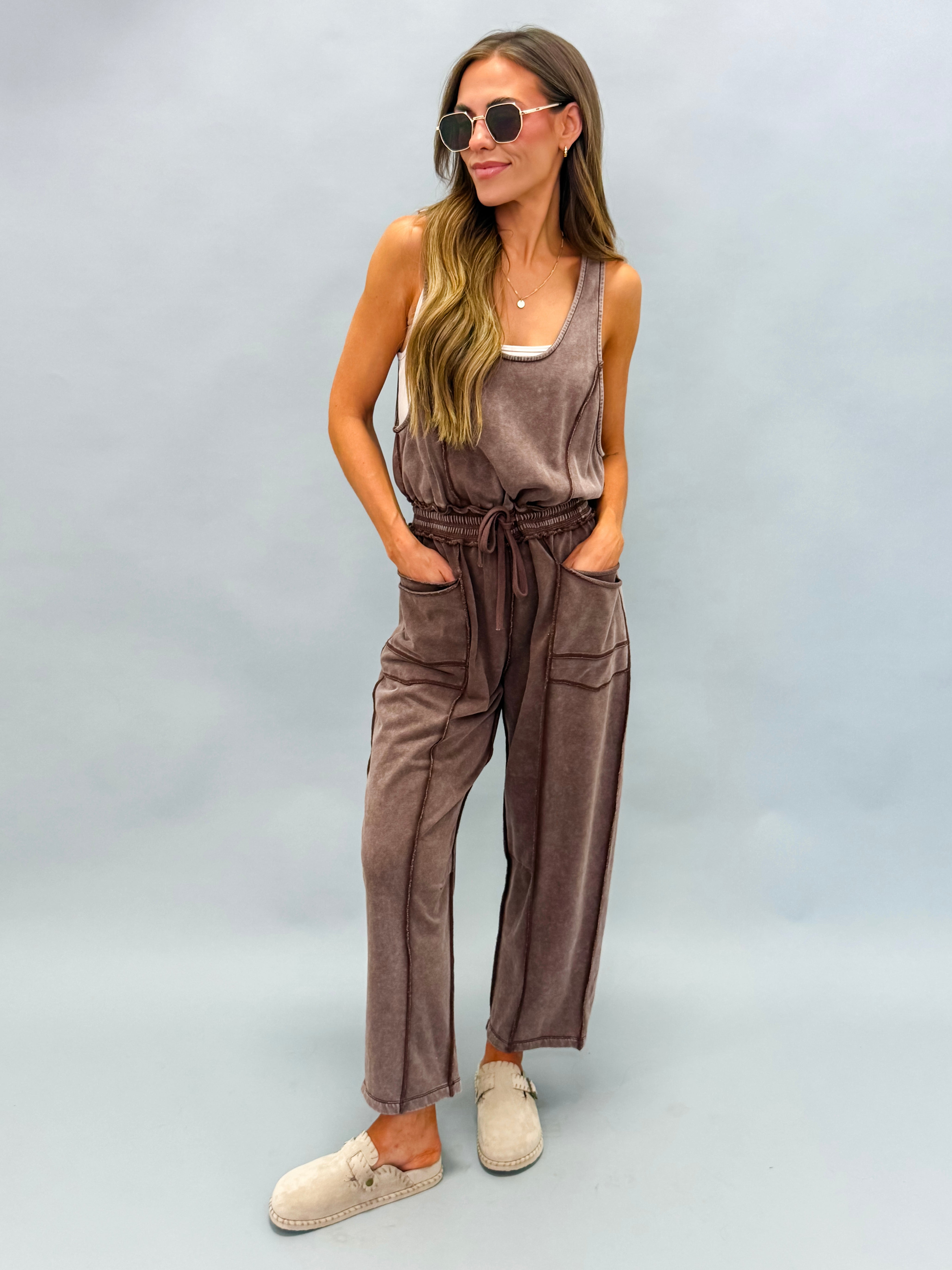 Willa Mineral Wash Barrel Utility Jumpsuit-Chocolate