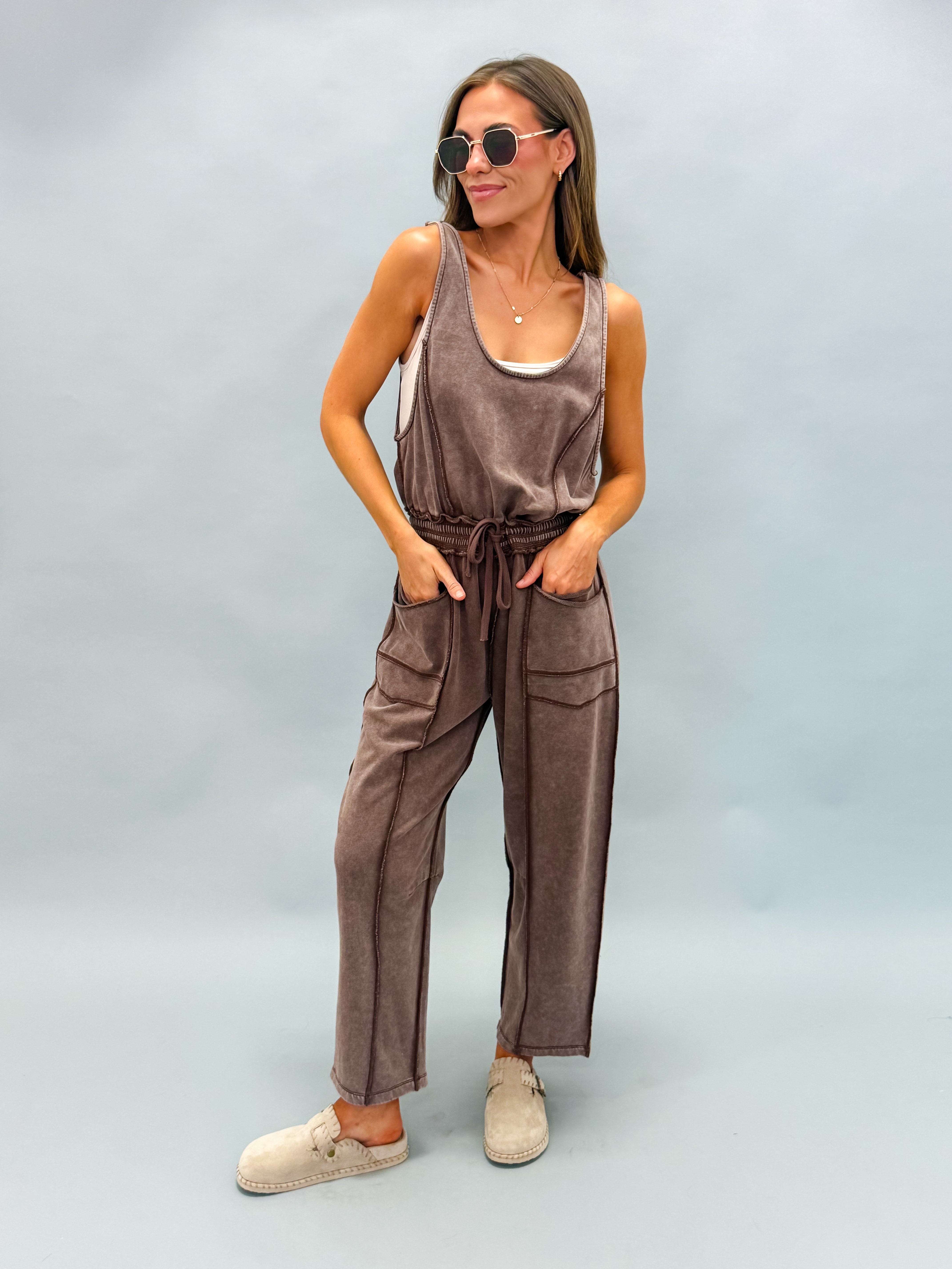 Willa Mineral Wash Barrel Utility Jumpsuit-Chocolate