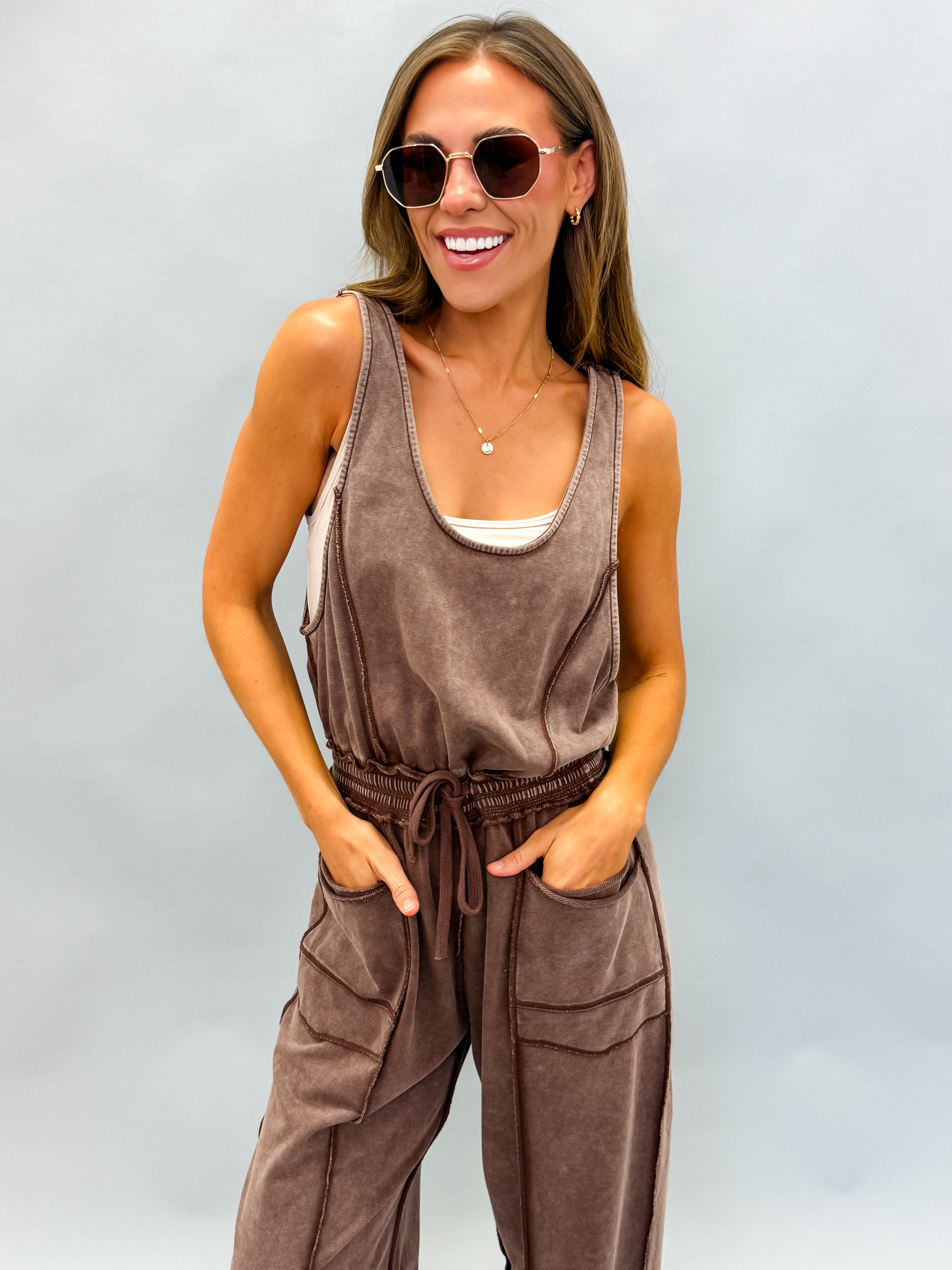 Willa Mineral Wash Barrel Utility Jumpsuit-Chocolate
