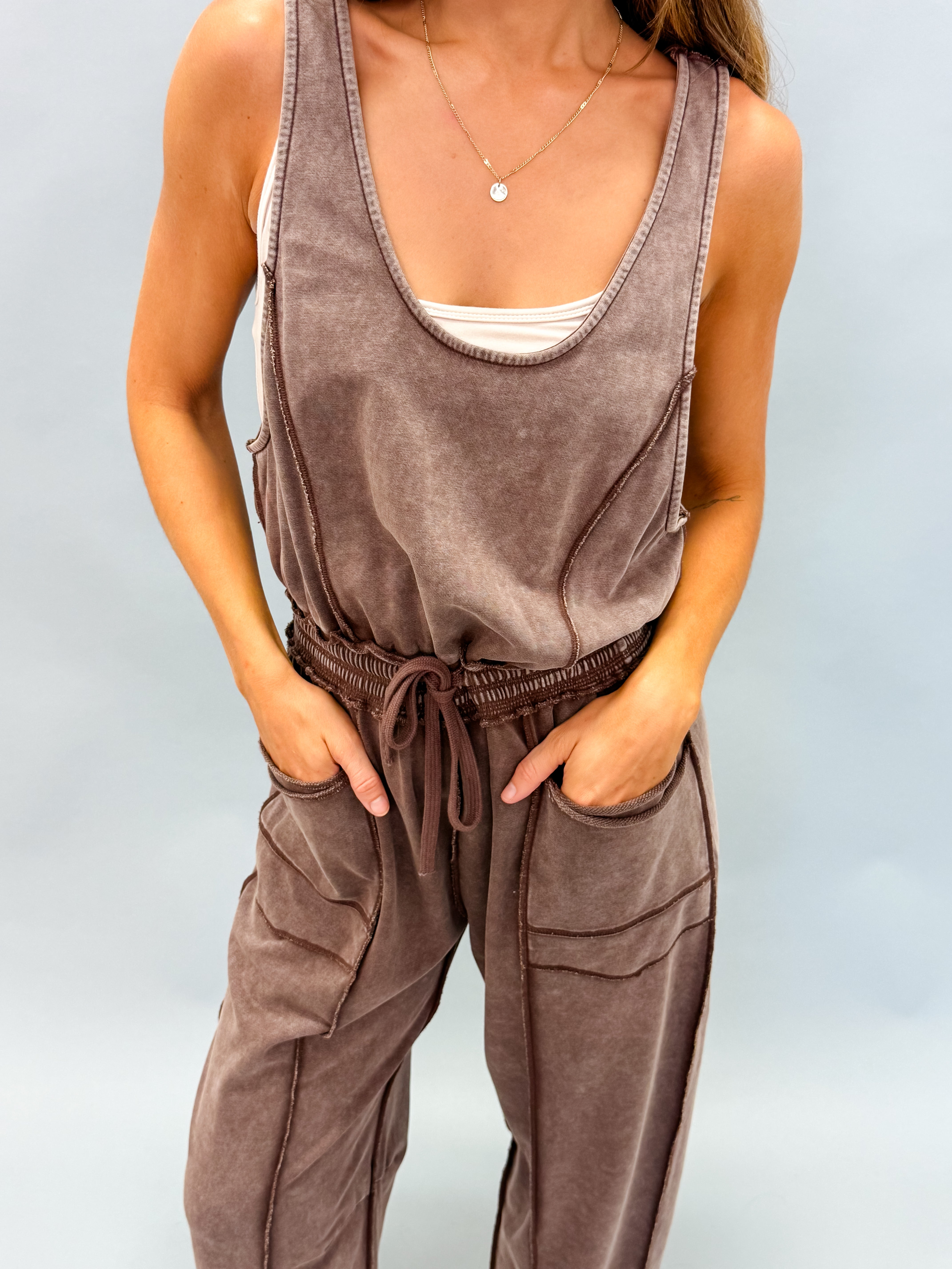 Willa Mineral Wash Barrel Utility Jumpsuit-Chocolate