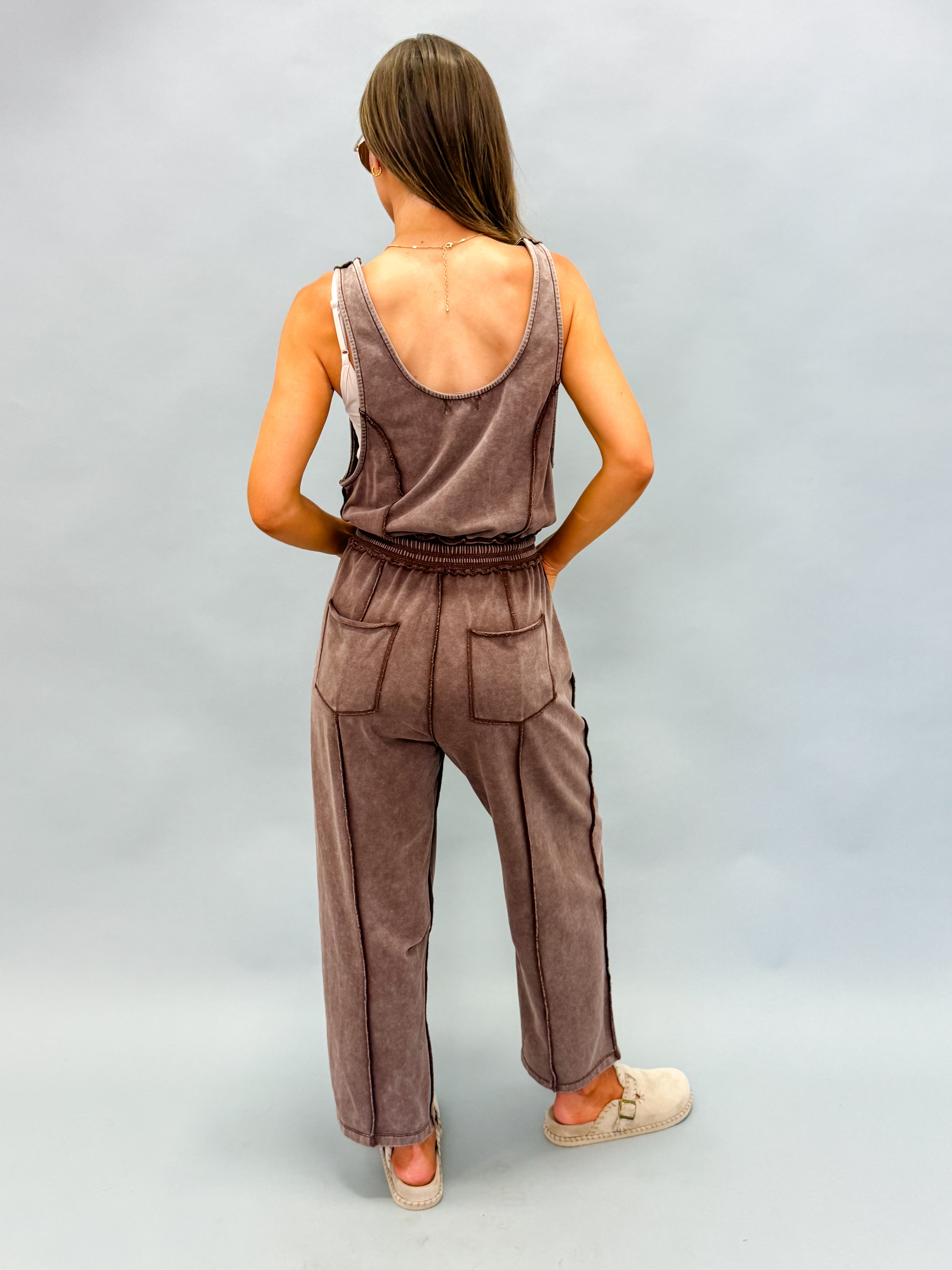 Willa Mineral Wash Barrel Utility Jumpsuit-Chocolate