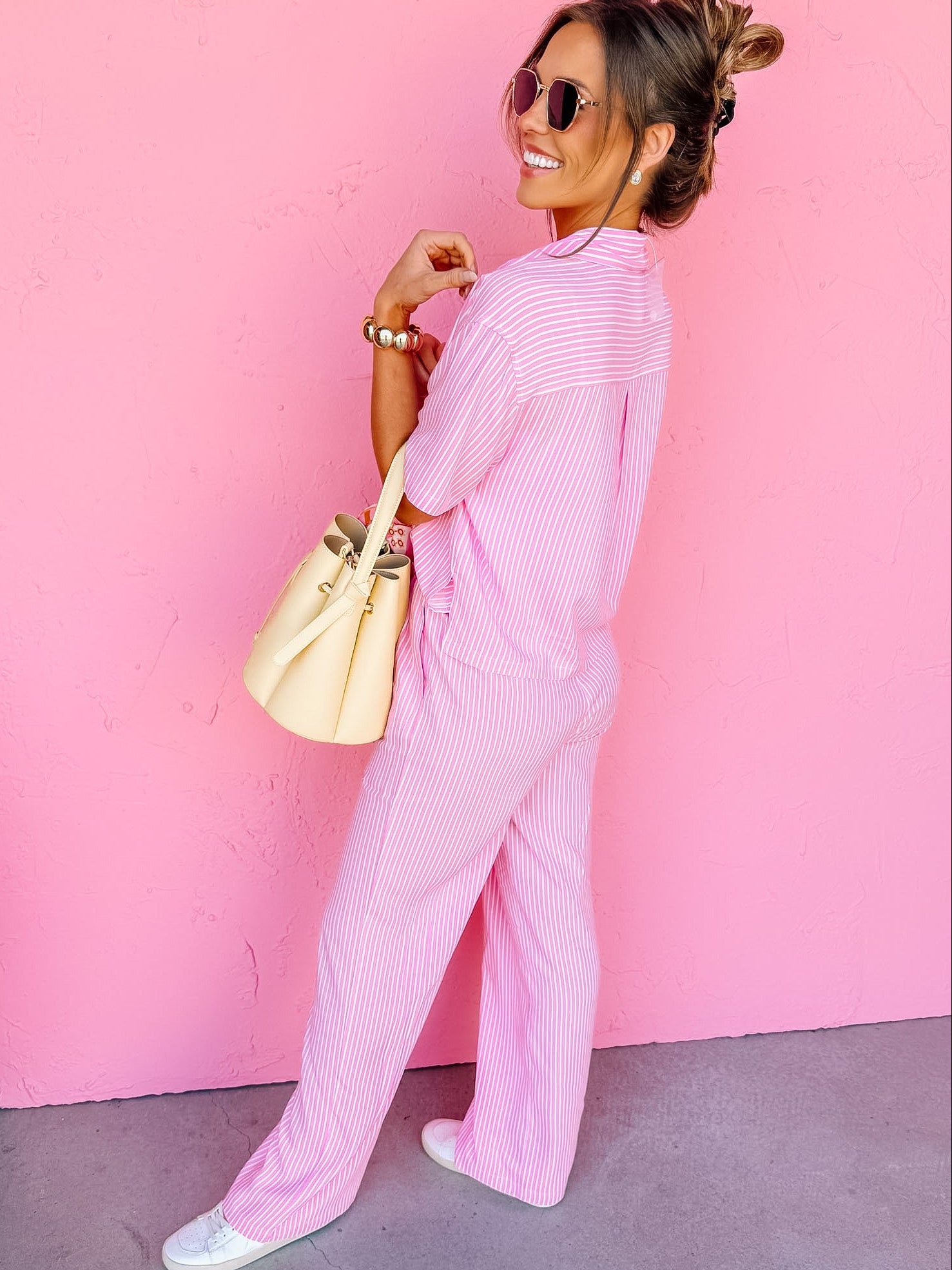 Winnola Striped Collared Top-Pink