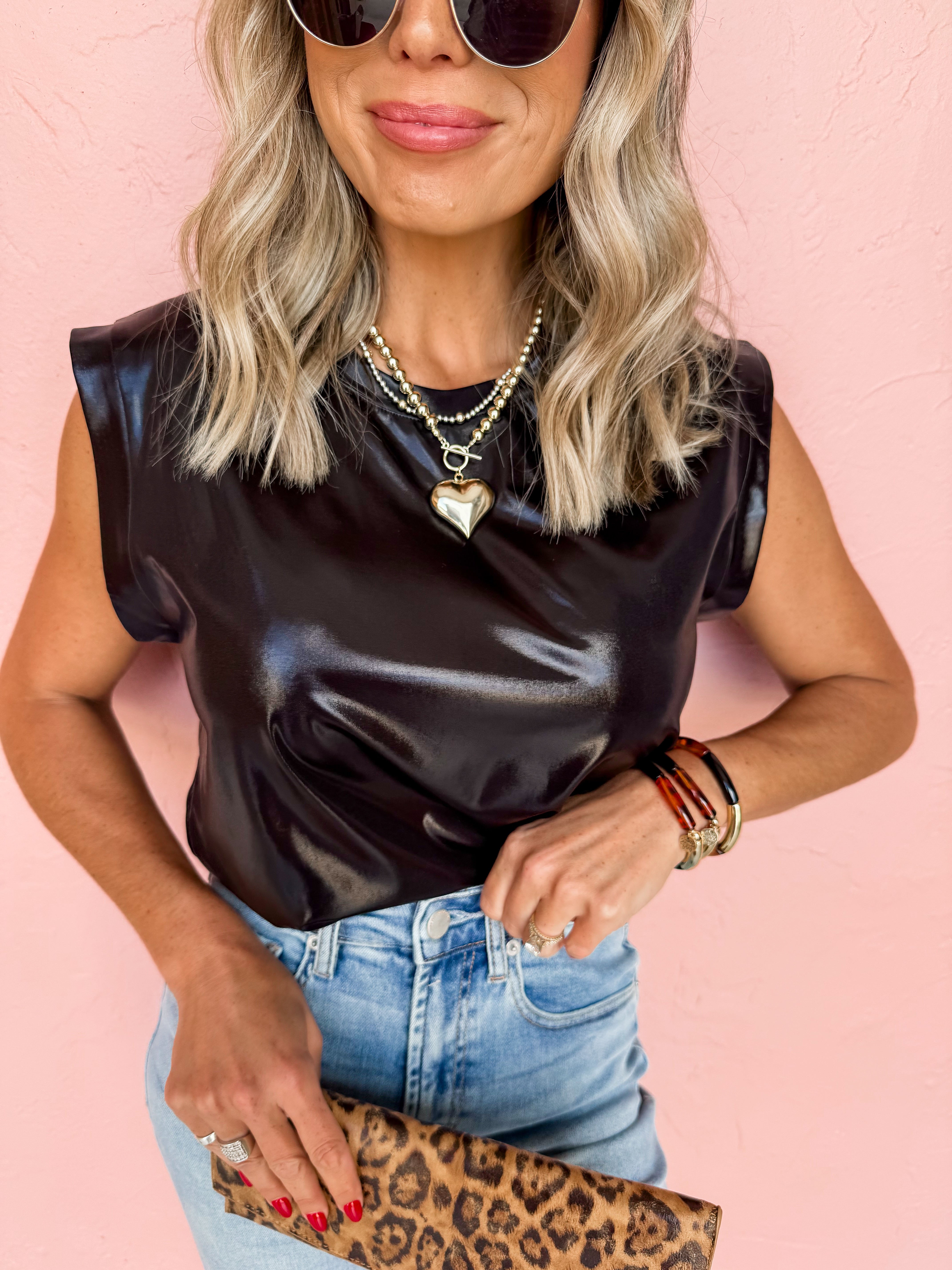 You're So Right Metallic Sleeveless Top-Black