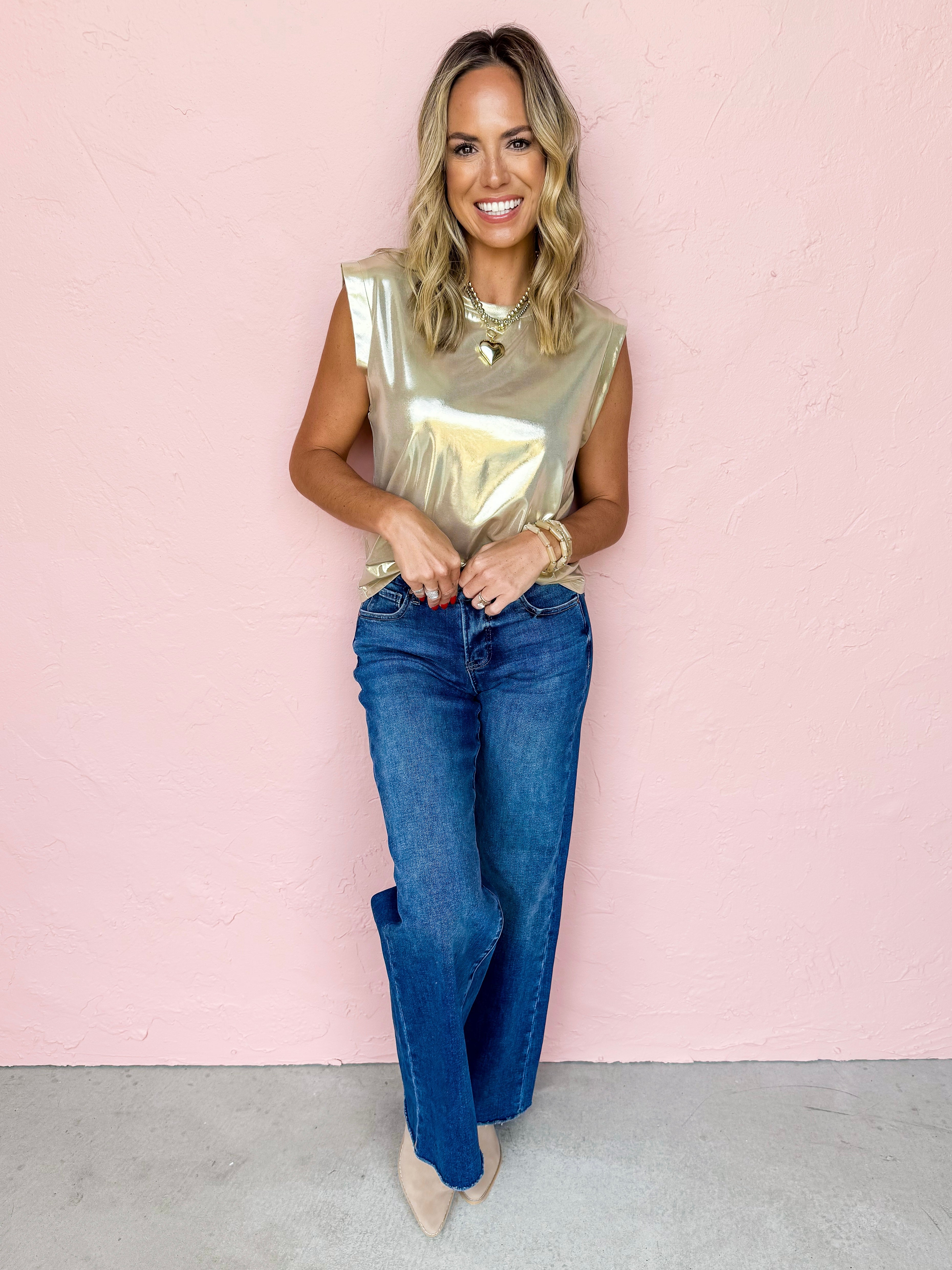 You're So Right Metallic Sleeveless Top-Gold