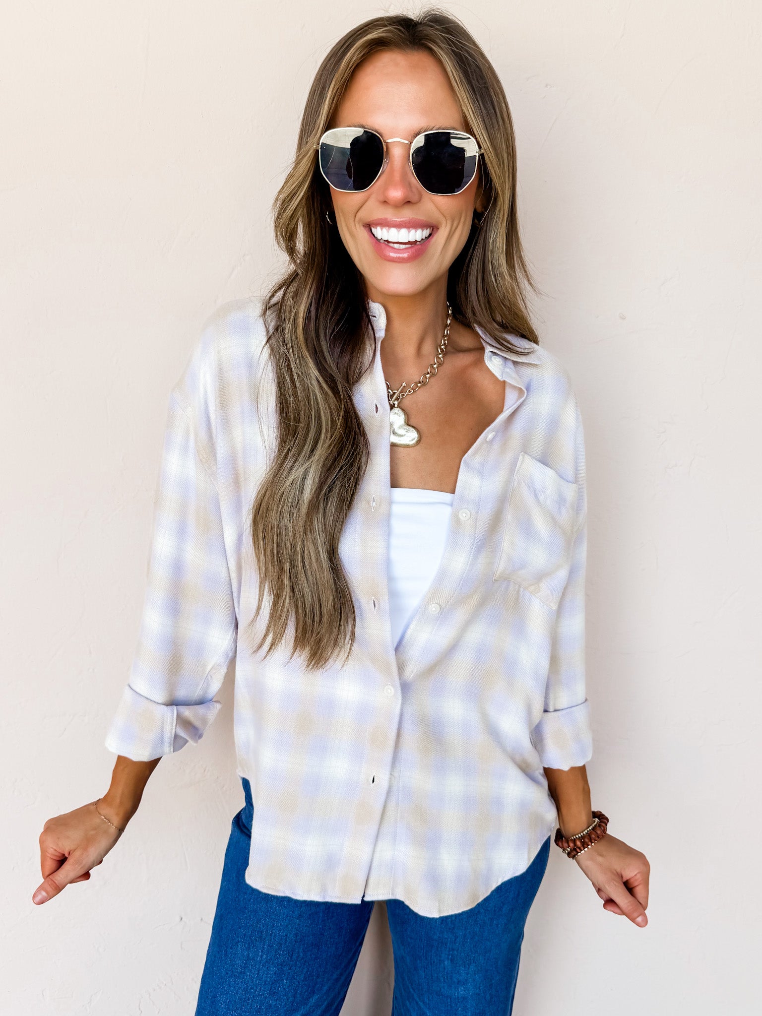 [Z Supply] River Plaid Button Up-Lavender Ice