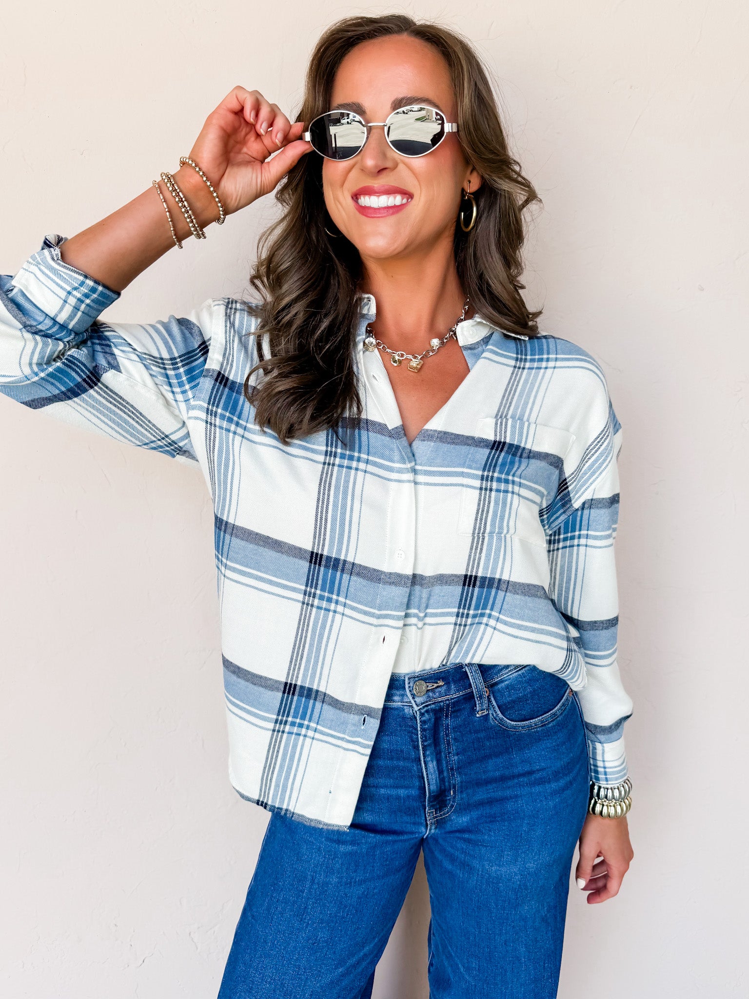 [Z Supply] River Plaid Button Up-Vintage Indigo