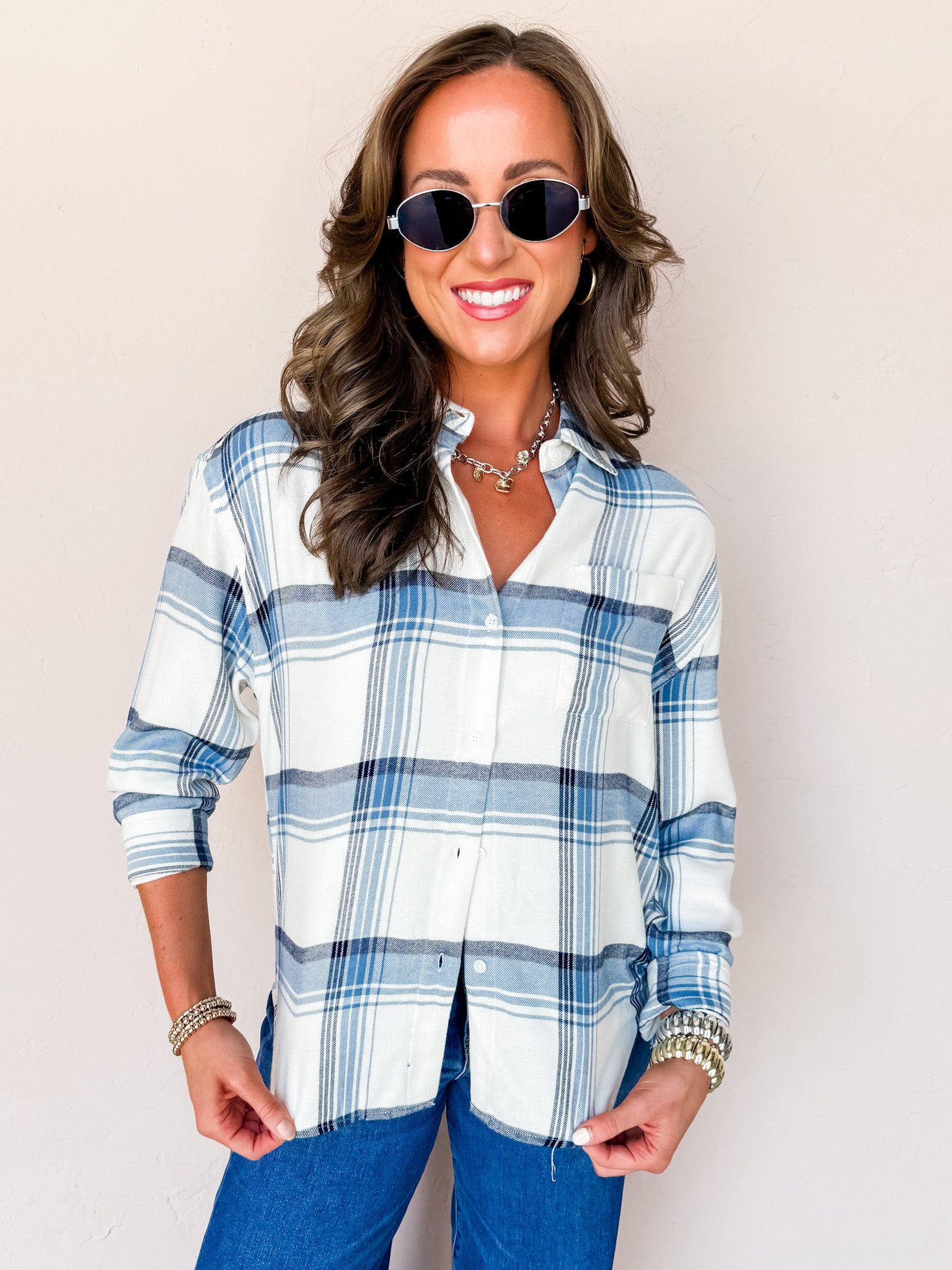 [Z Supply] River Plaid Button Up-Vintage Indigo