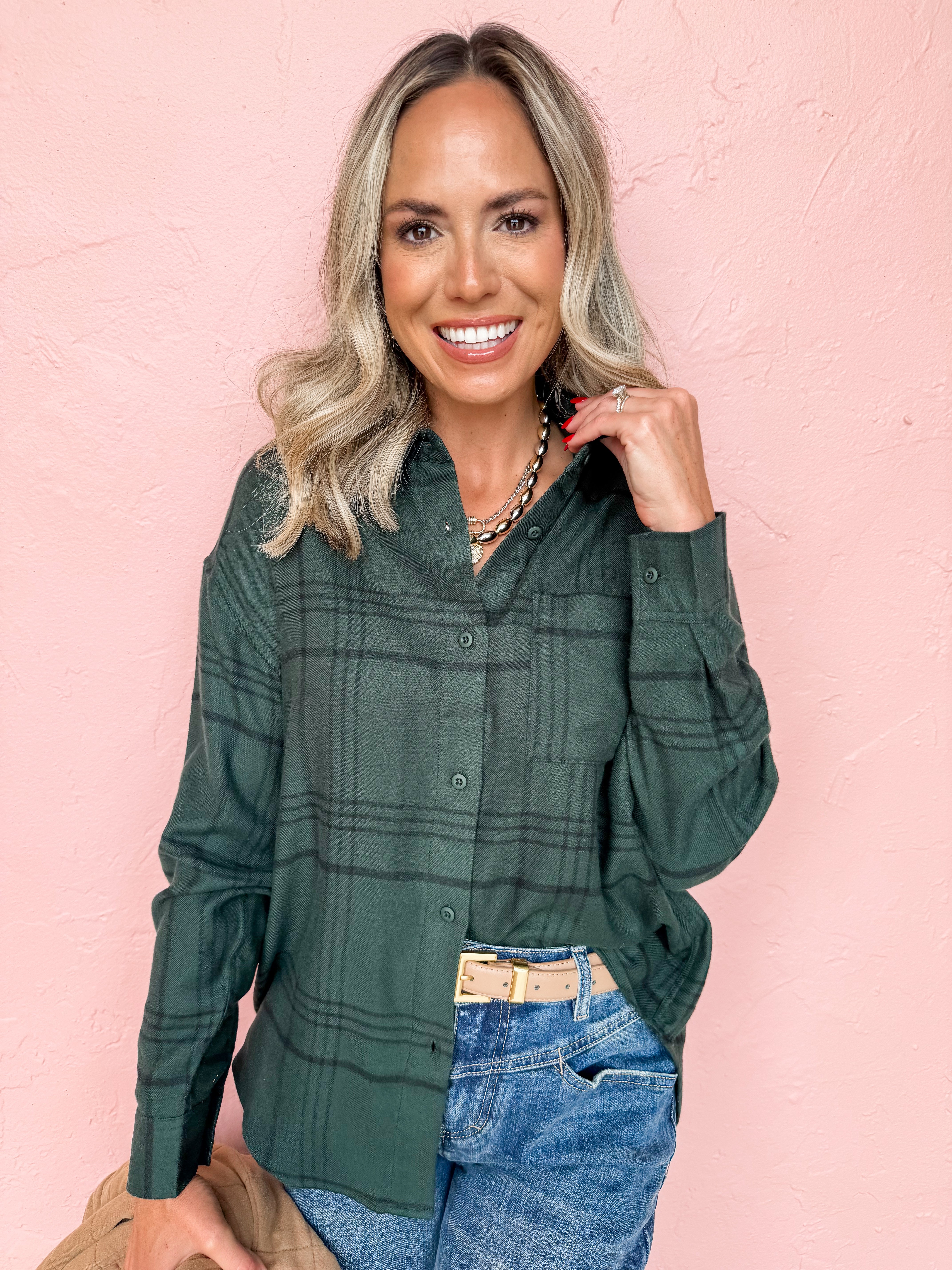 [Z Supply] River Plaid Button Up Top-Cyprus Green