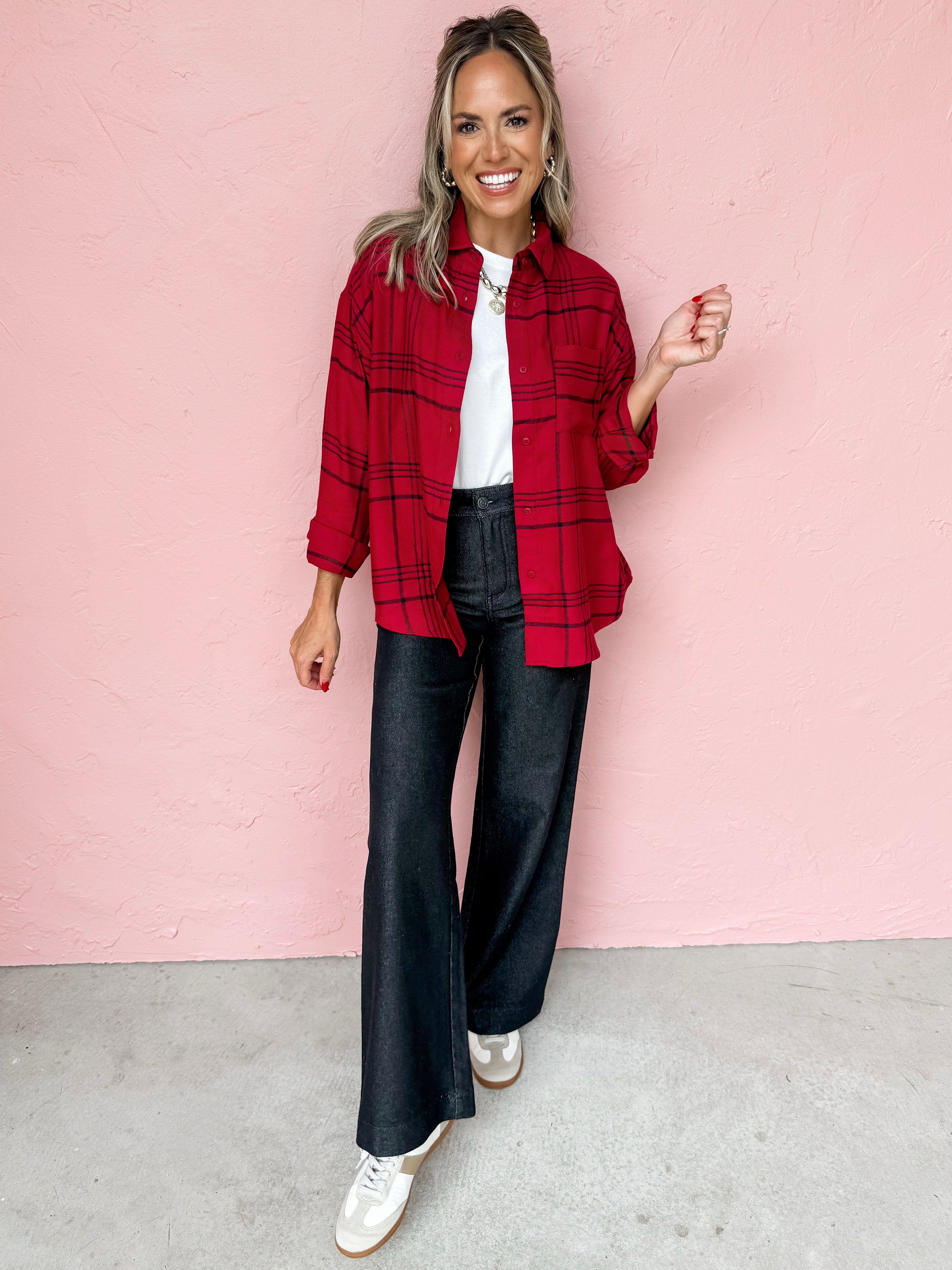 [Z Supply] River Plaid Button Up Top-Red Dahlia