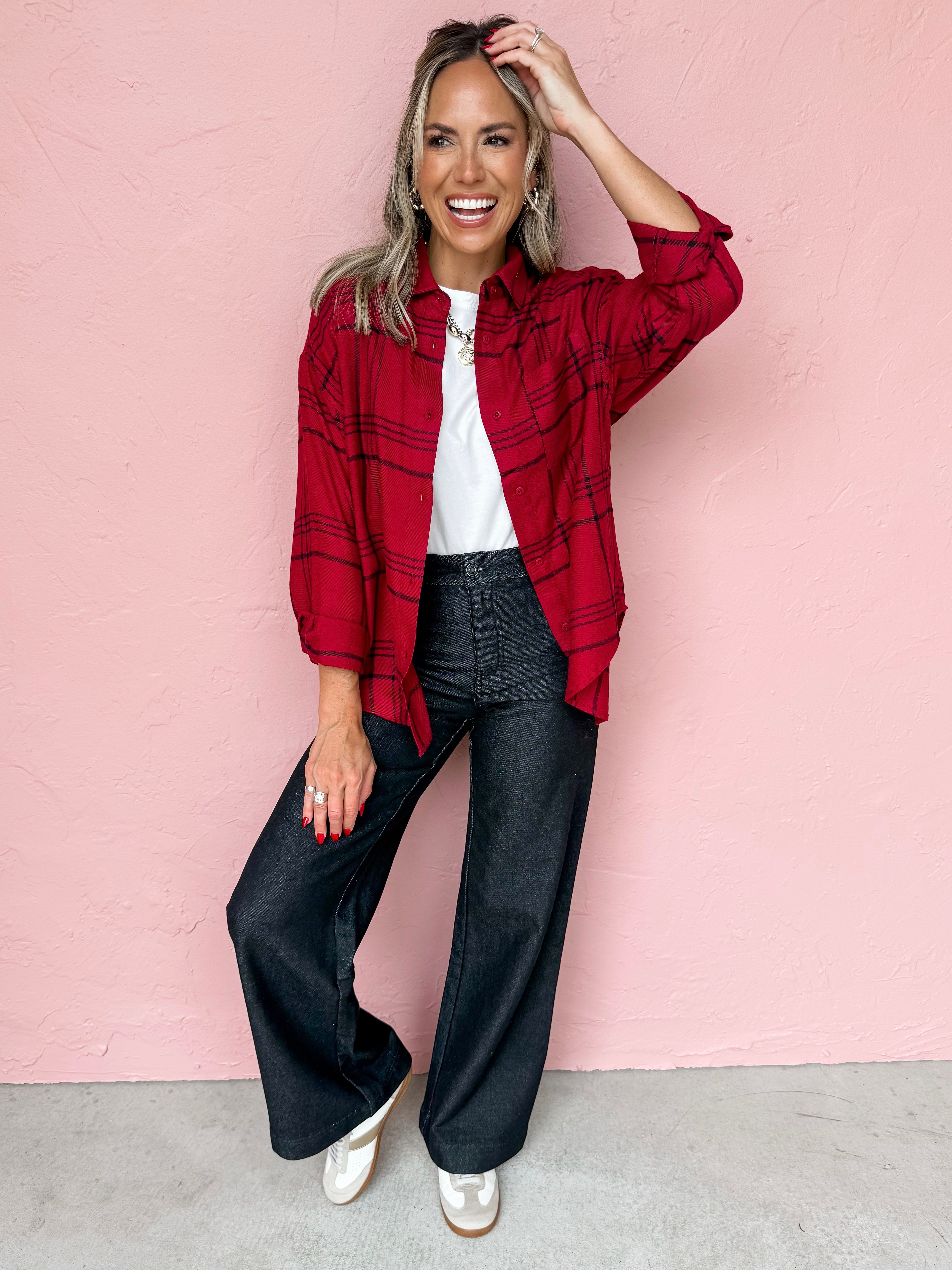 [Z Supply] River Plaid Button Up Top-Red Dahlia