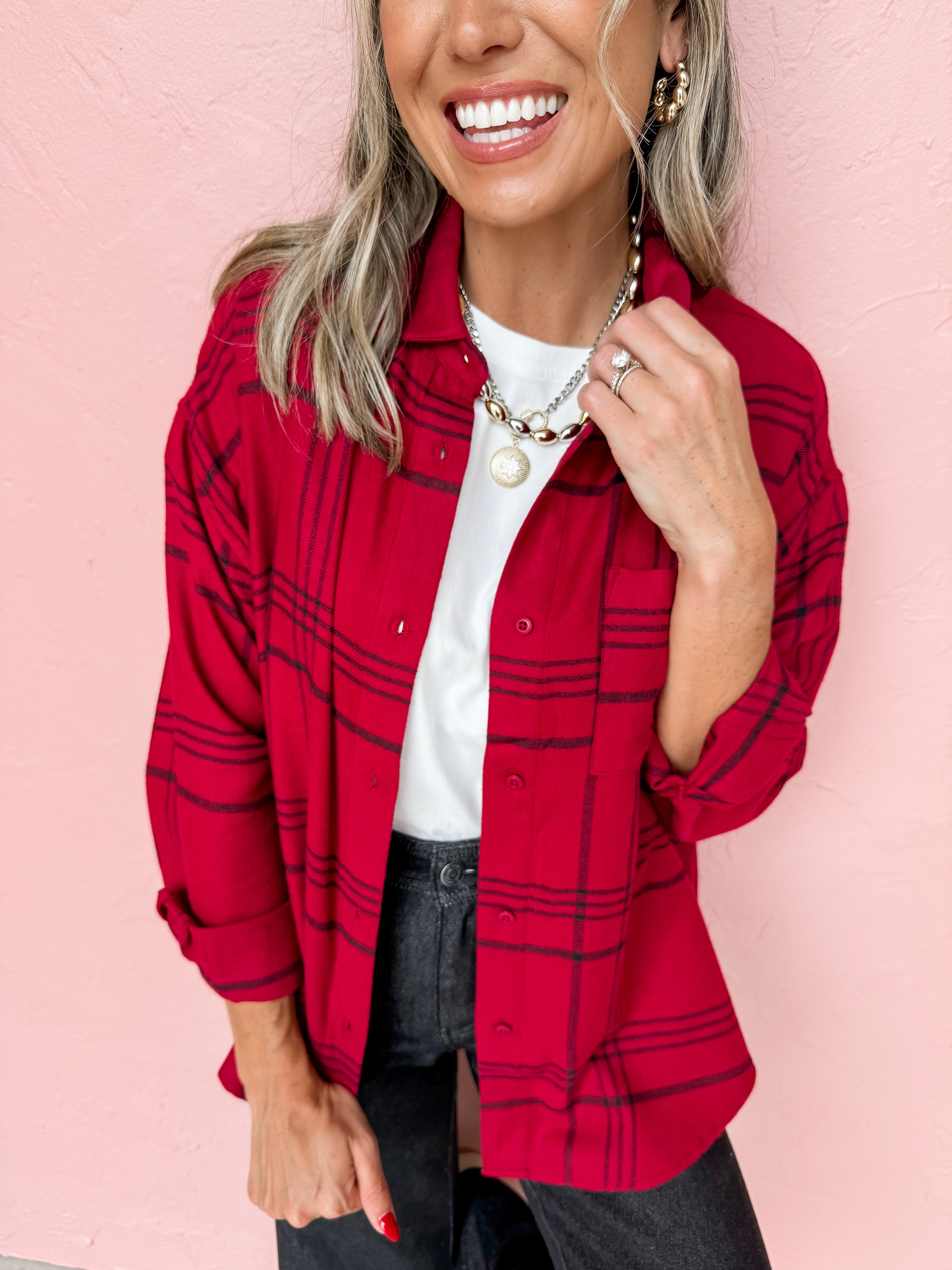 [Z Supply] River Plaid Button Up Top-Red Dahlia