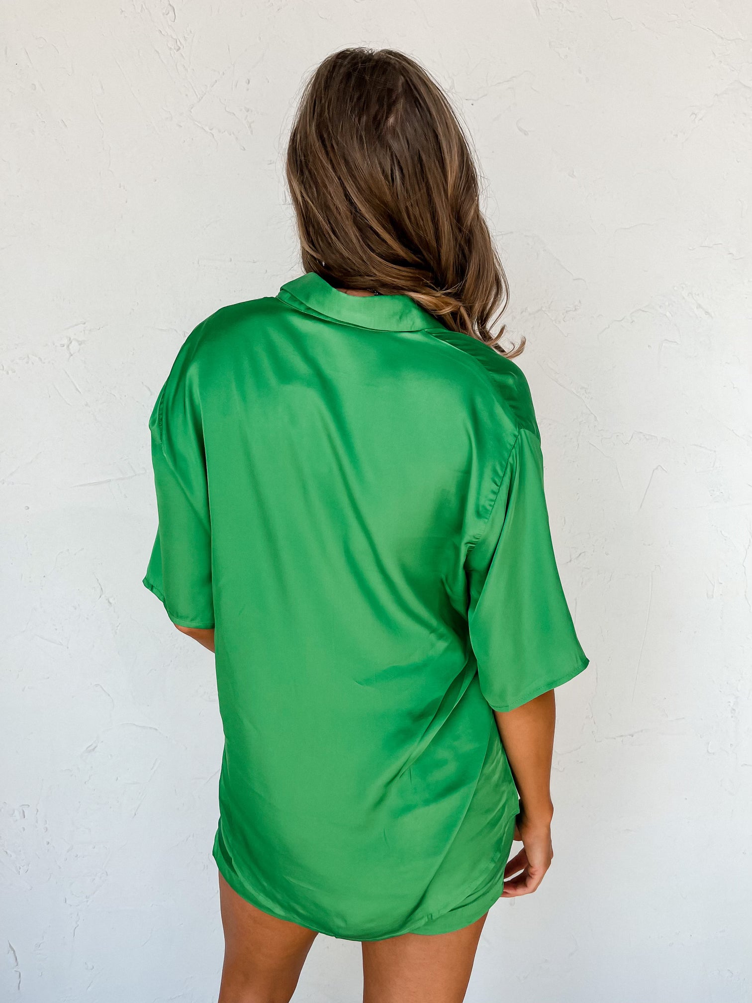 Plain As Day Satin Button Front Top-Green