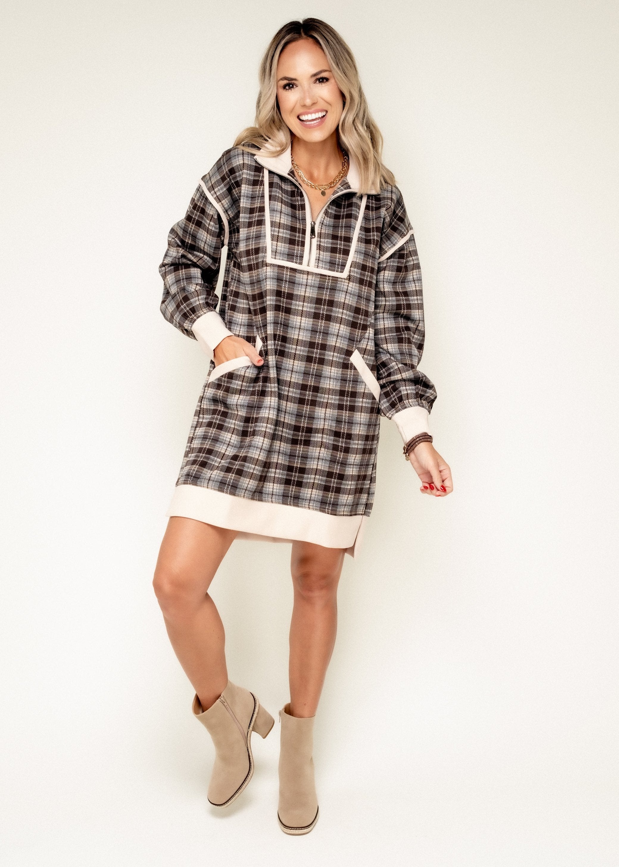 While I'm Away Plaid Quarter Zip Mini Dress