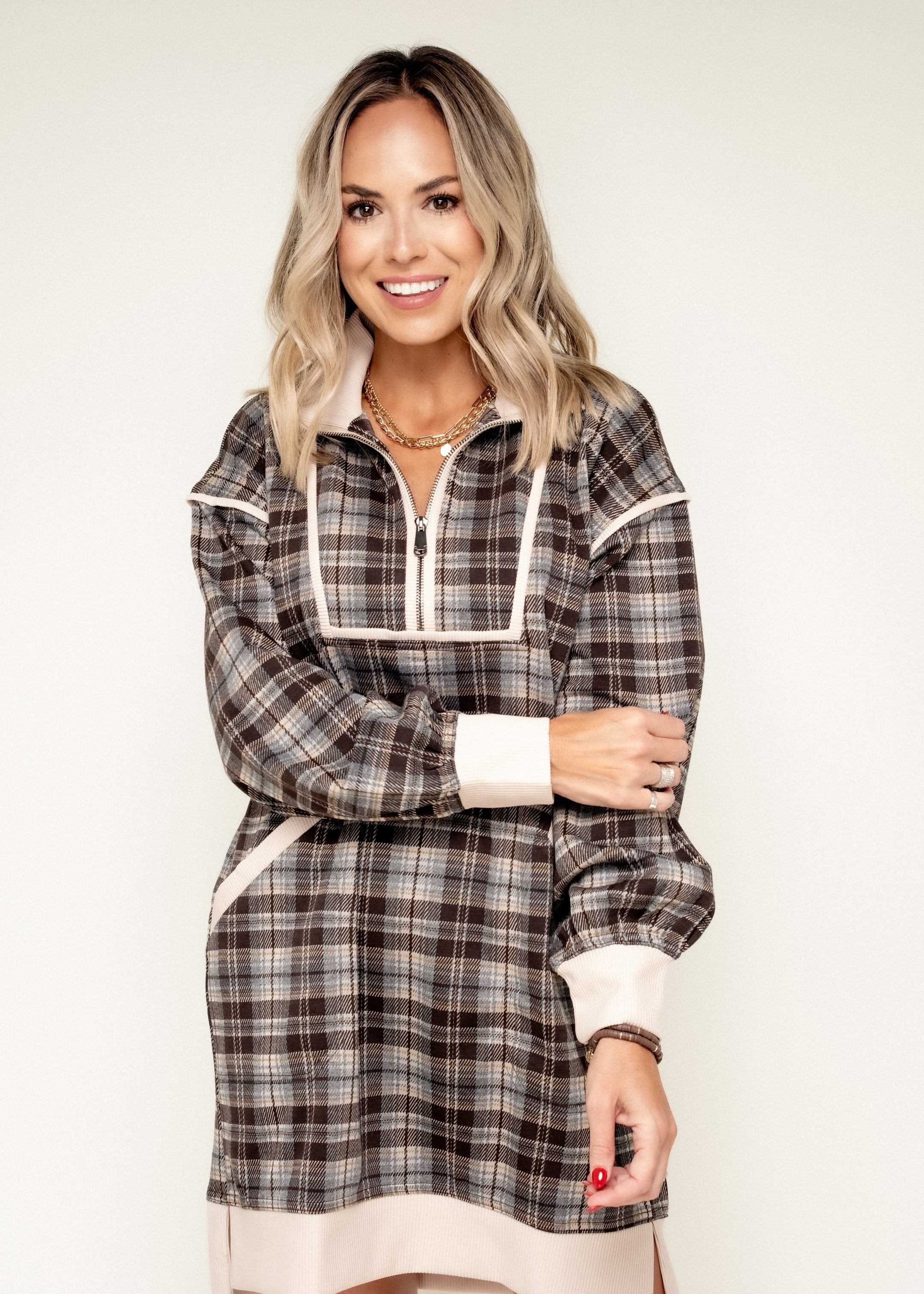 While I'm Away Plaid Quarter Zip Mini Dress