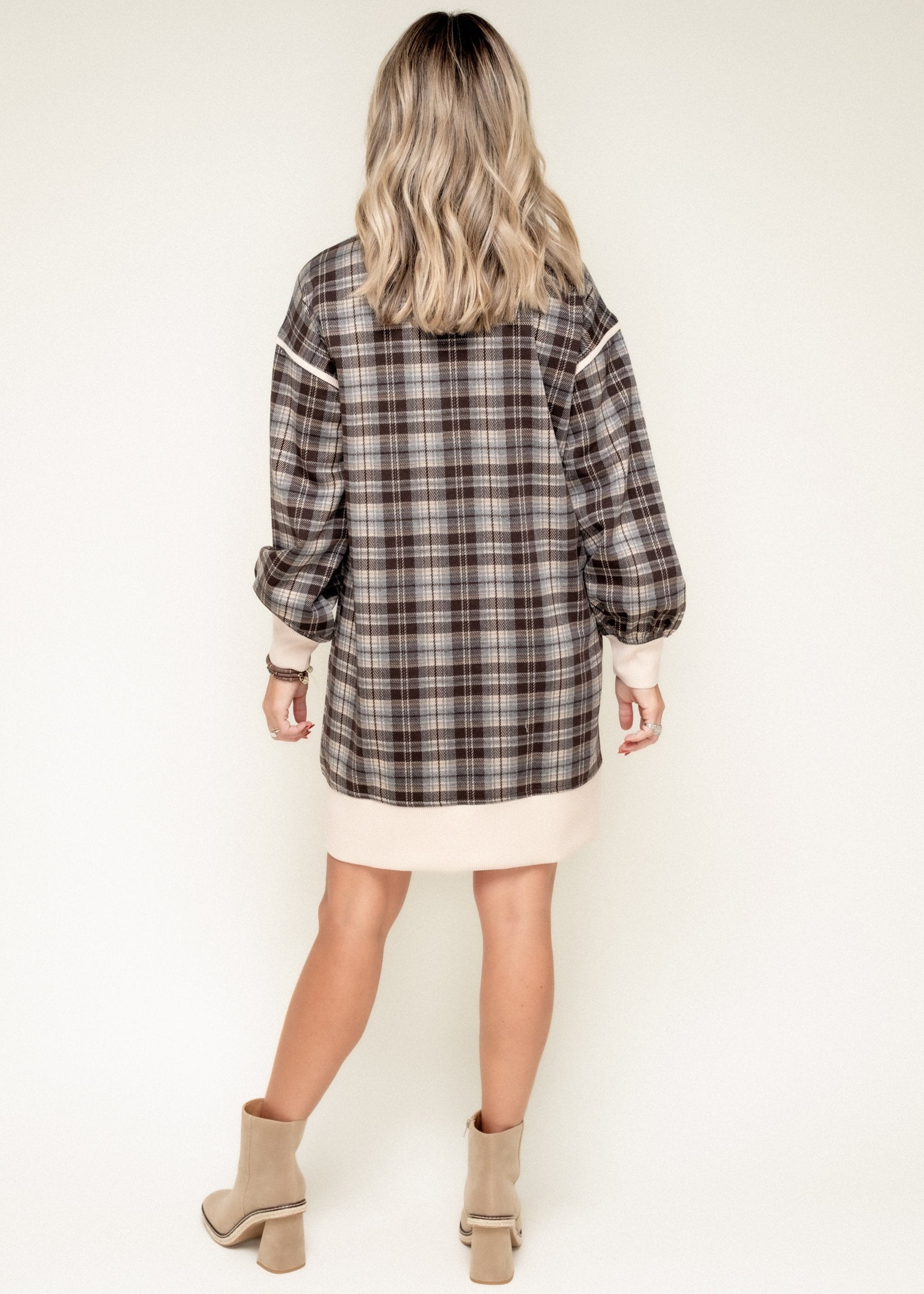 While I'm Away Plaid Quarter Zip Mini Dress