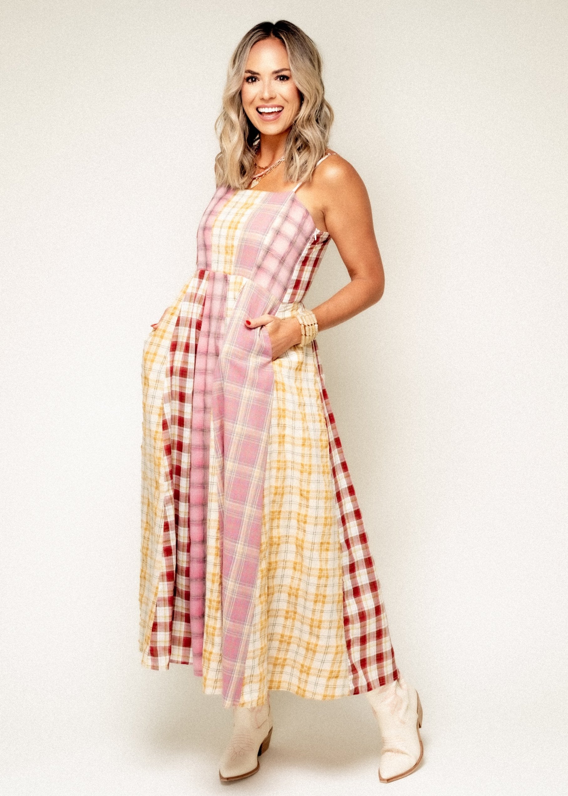 Give Your Best Mixed Plaid Midi Dress