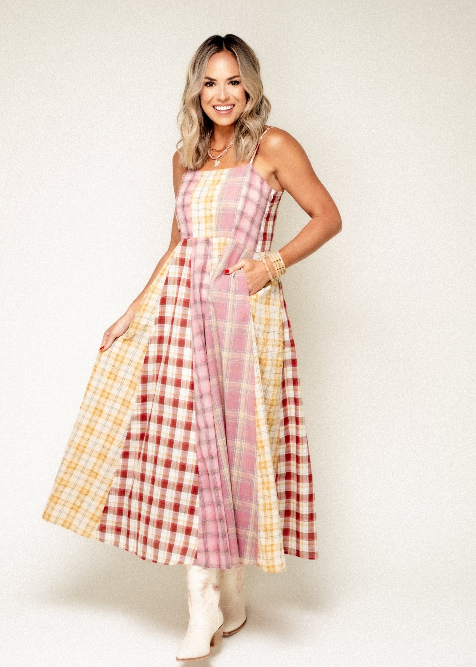 Give Your Best Mixed Plaid Midi Dress