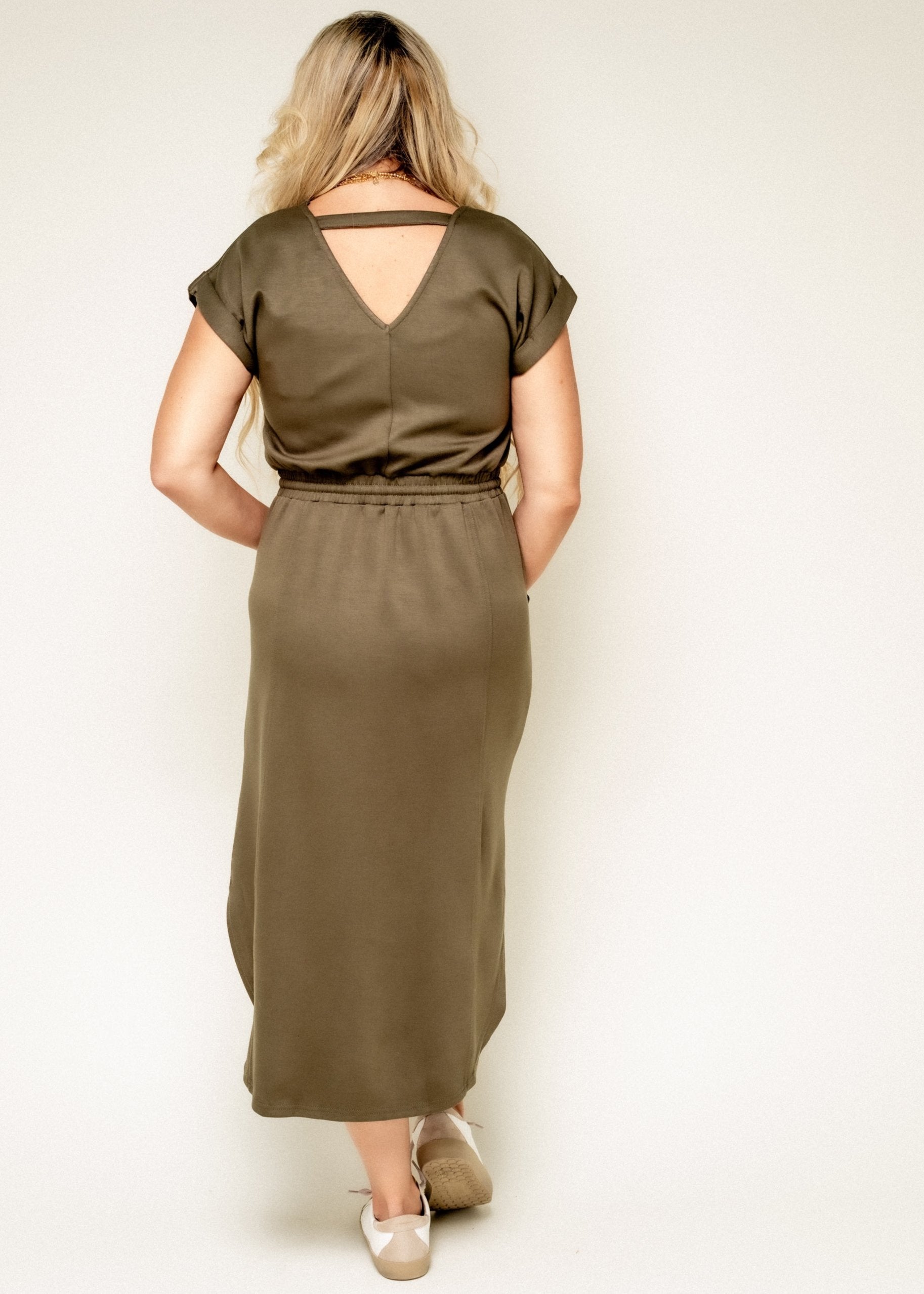 One Step Ahead V Neck Midi Dress-Olive